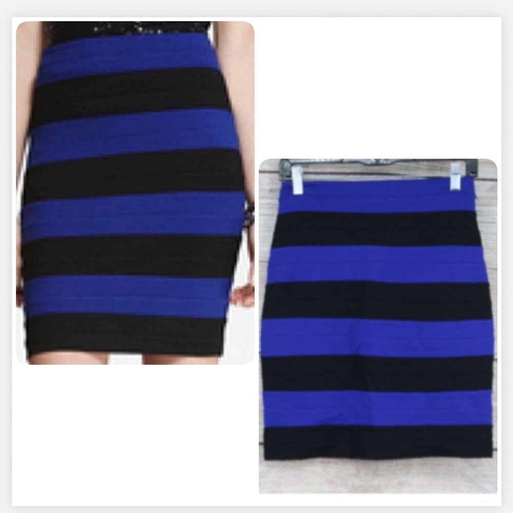 Express Bandage Pencil Mini Skirt Striped Stretch Black & Blue Size 12‎ Large